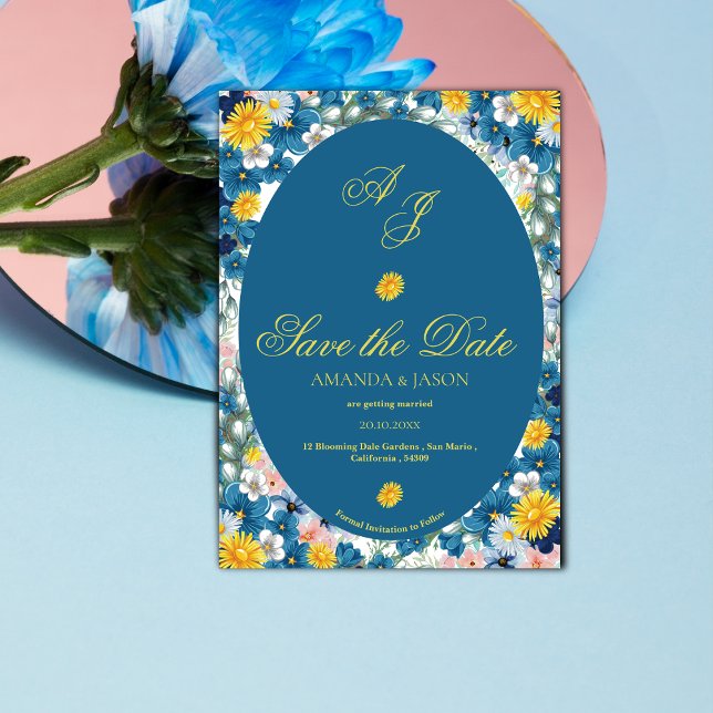 Yellow Blue Floral Monogram Wedding Save the Date  (Yellow Blue Floral Monogram Wedding Save the Date Invitation)