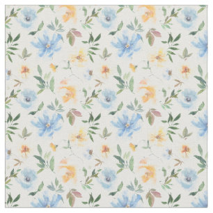 Yellow Blue Floral Pattern Cotton Fabric