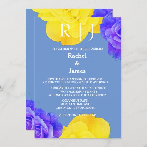 Yellow Blue Floral Rose Flowers Elegant Wedding Invitation