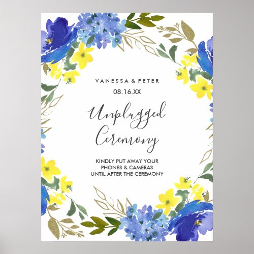 Yellow Blue Floral Unplugged Wedding Ceremony Sign