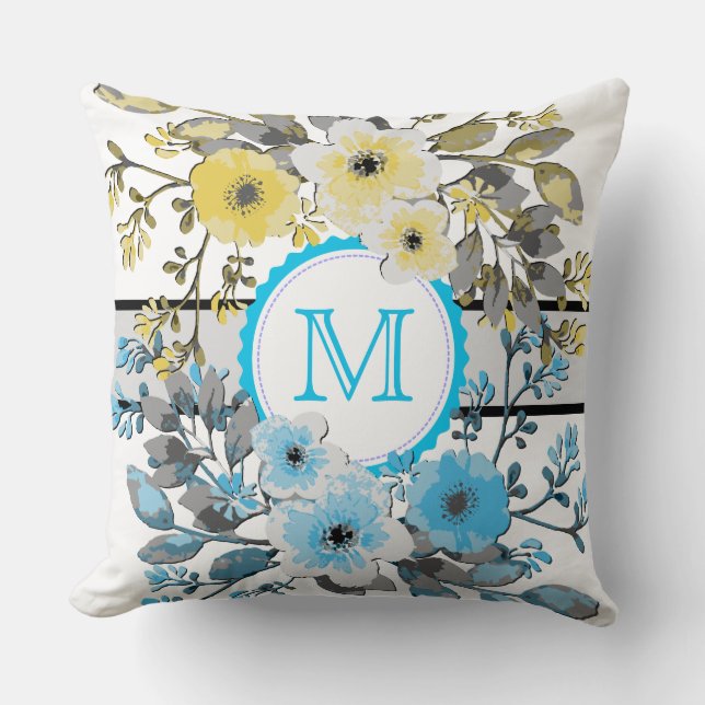 Yellow Blue Floral Vintage Monogram Throw Pillow (Front)