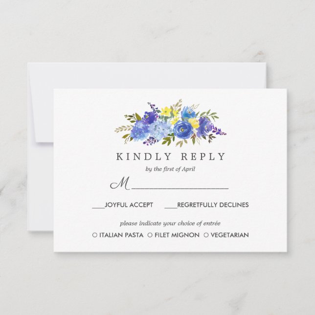 Yellow Blue Floral Wedding  RSVP MEAL option (Front)