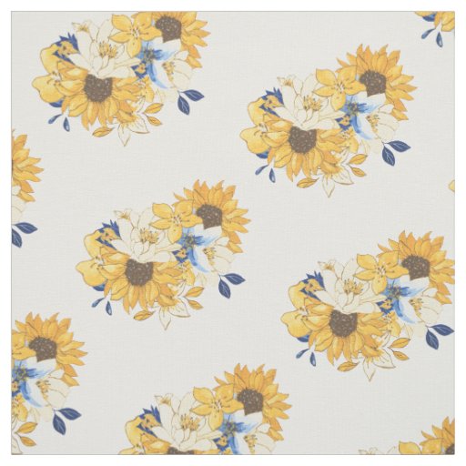 Yellow Blue Florals Sunflowers Leaves Pattern Fabric