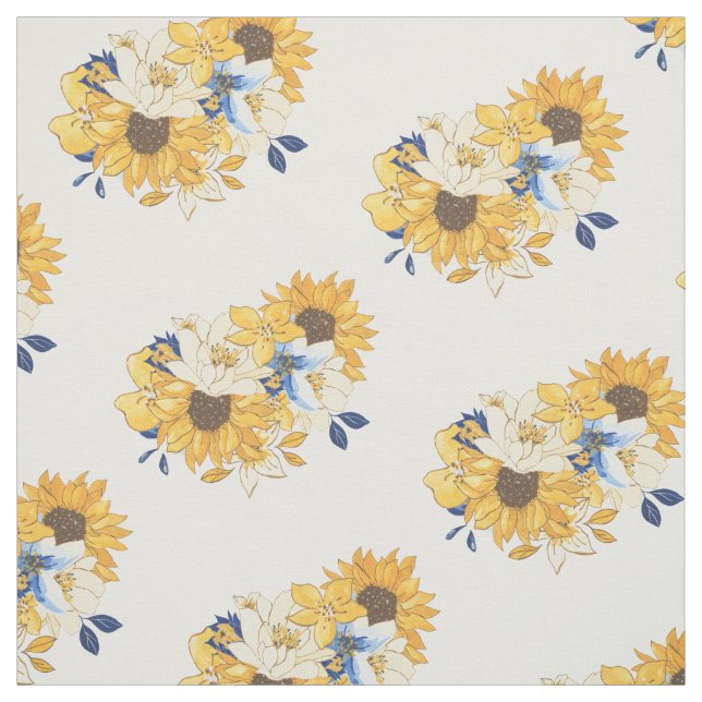 Yellow Blue Florals Sunflowers Leaves Pattern Fabric (Swatch)