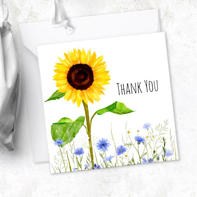 Yellow & Blue Flower Meadow Personalised Thank You Note Card (Creator Uploaded)