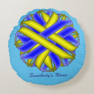 Yellow-Blue Flower Ribbon by Kenneth Yoncich Round Pillow