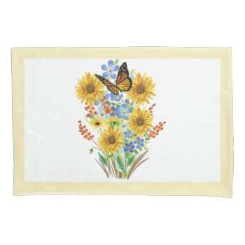 Yellow Blue Flowers And Butterfy Pillowcase by Susang6 at Zazzle