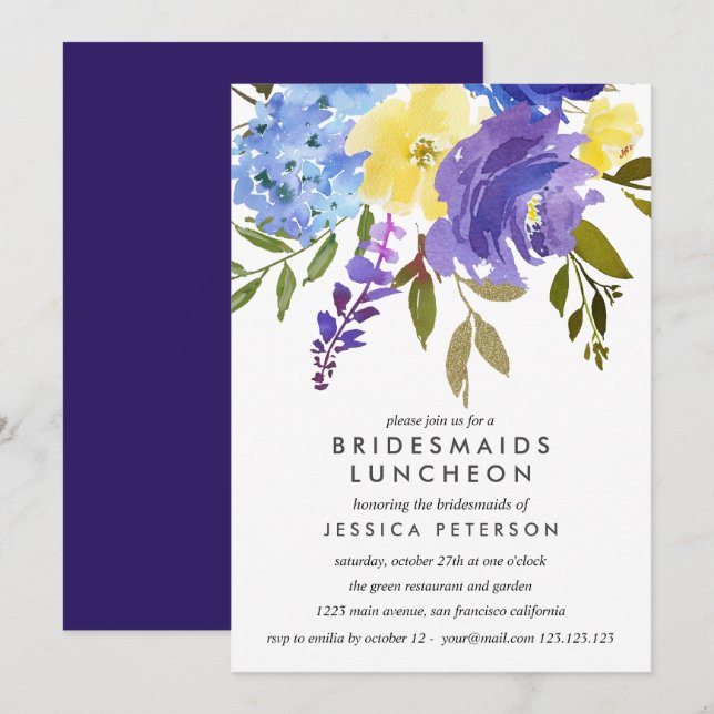 Yellow Blue Flowers Bridesmaids Luncheon Wedding Invitation (Front/Back)