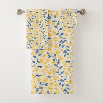 Yellow & Blue Flowers & Leaves Bath Towel Set by JLBIMAGES at Zazzle
