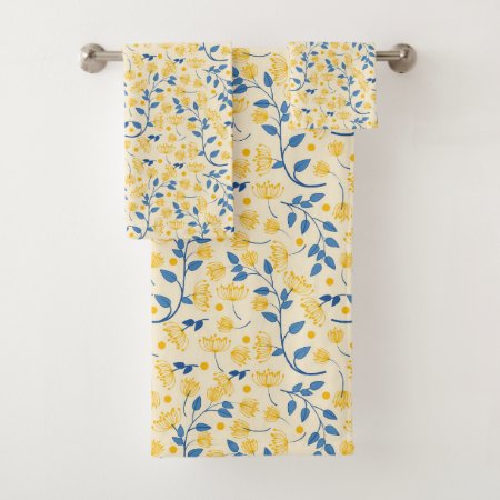 Yellow & Blue Flowers & Leaves Bath Towel Set