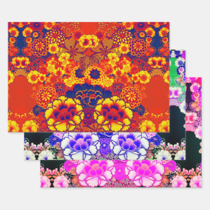 YELLOW BLUE FLOWERS Peony,Roses Japanese Floral Wrapping Paper Sheets