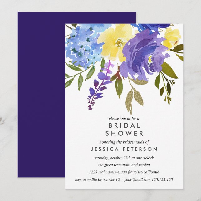 Yellow Blue Flowers Wedding Bridal Shower Invitation (Front/Back)