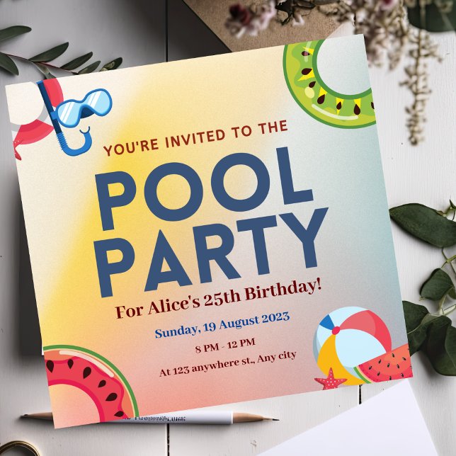 Yellow Blue Gradient Pool Party Invitation (Creator Uploaded)