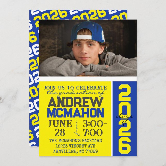 Yellow & Blue Graduation Photo Invitation (Front/Back)