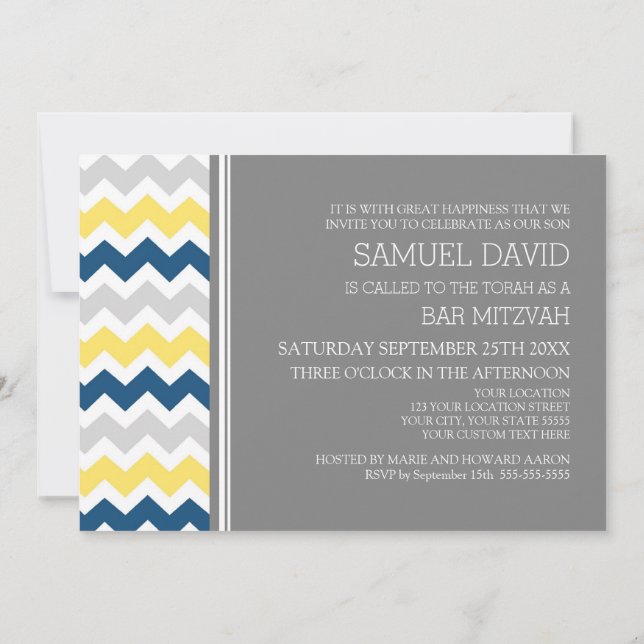 Yellow Blue Gray Chevron Bar Mitzvah Invitations (Back)