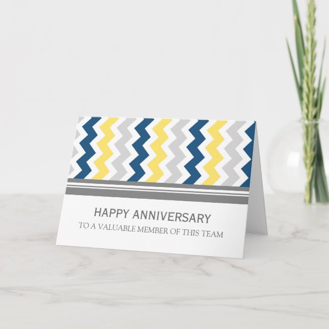 Yellow Blue Gray Chevron Employee Anniversary Card (Front)
