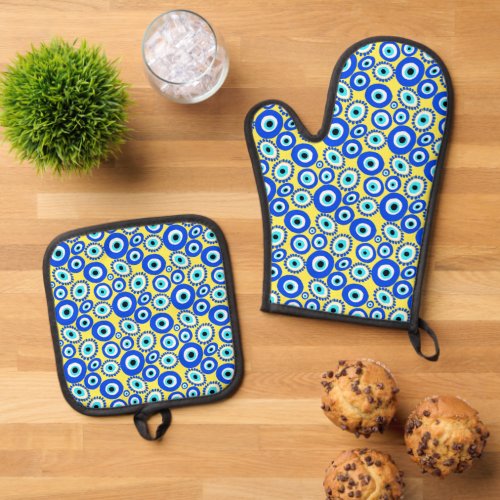 Yellow Blue Greek Eye Colorful Pattern Oven Mitt  Pot Holder Set