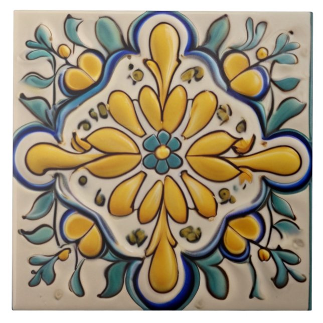 Yellow & Blue Green Abstract Mediterranean Ceramic Tile (Front)