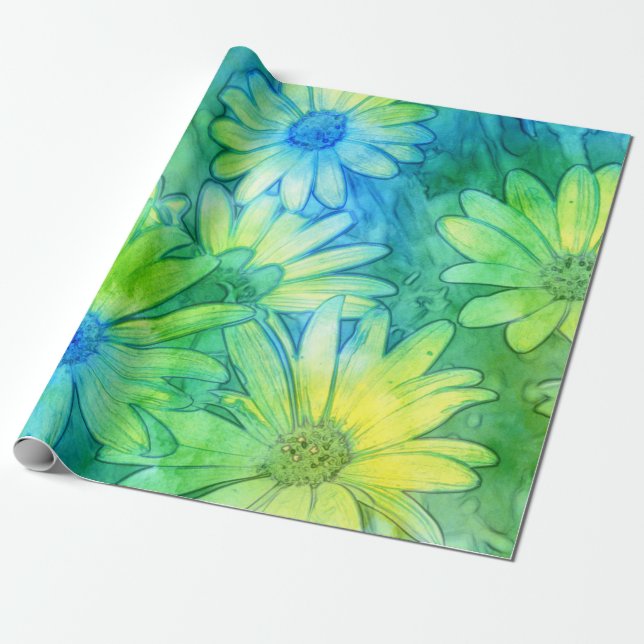 Yellow Blue Green Abstract Watercolor Daisies Wrapping Paper (Unrolled)