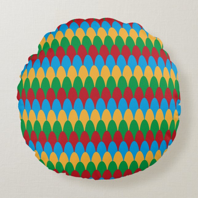 Yellow Blue Green & Red Geometric Scallops Round Pillow (Front)