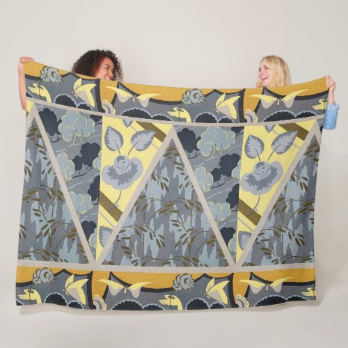 YELLOW BLUE GREY FLOWERS BUTTERFLIES BOLD FLORAL FLEECE BLANKET