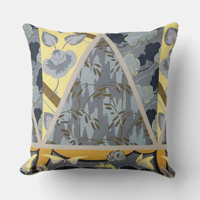 YELLOW BLUE GREY FLOWERS, BUTTERFLIES BOLD FLORAL THROW PILLOW (Front)