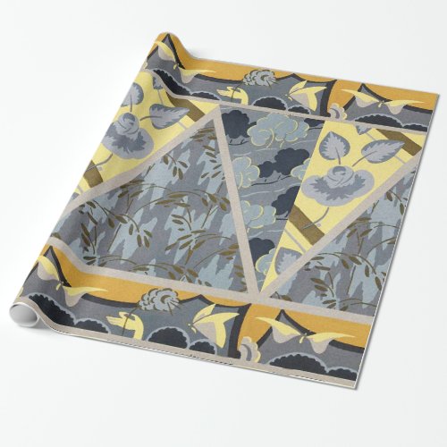 YELLOW BLUE GREY FLOWERS BUTTERFLIES BOLD FLORAL WRAPPING PAPER