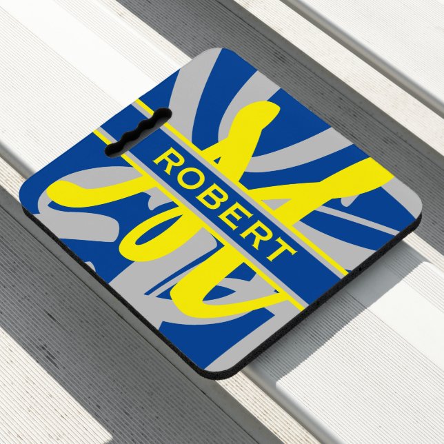 Yellow Blue & Grey Monogrammed Sports Stadium Seat Cushion (In Situ)