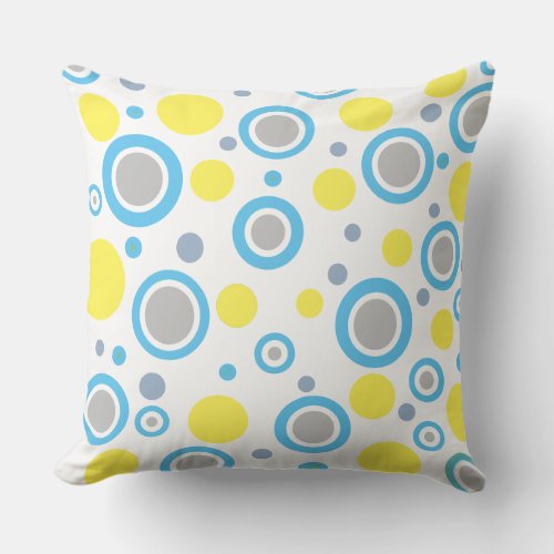 Yellow Blue Grey Polka Dots Throw Pillow