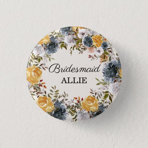  Yellow Blue Handpainted Floral Bridesmaid Name Button