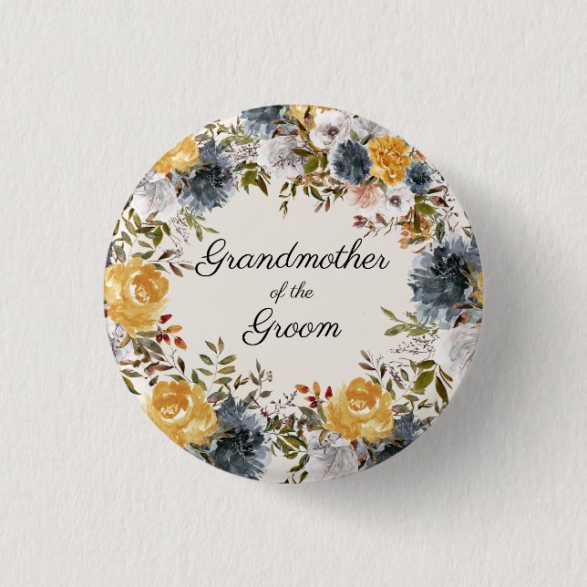  Yellow Blue Handpainted Floral Grandmother Groom  Button (Front)