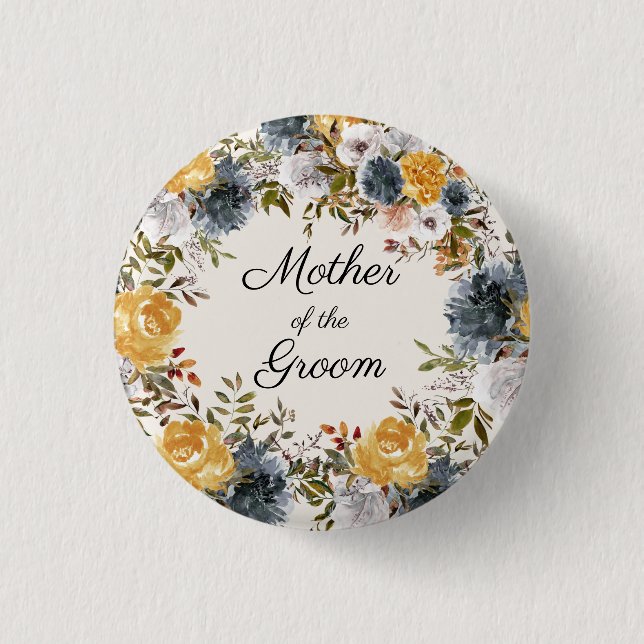  Yellow Blue Handpainted Floral Mother Groom Button (Front)