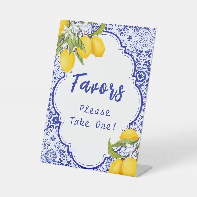 Yellow Blue Italian Lemon Bridal Shower Favor Pedestal Sign (Front)