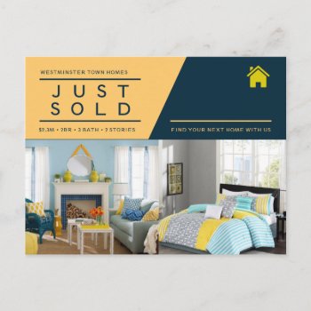 Yellow Blue Just Sold Real Estate Advert Template Postcard by RusticVintage at Zazzle
