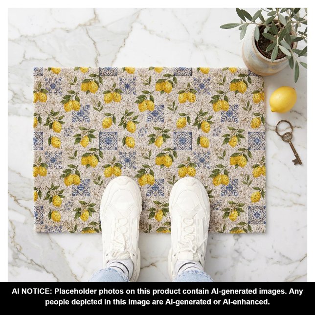 Yellow Blue Lemon French Country Tile Pattern  Fiber Doormat (Creator Uploaded)