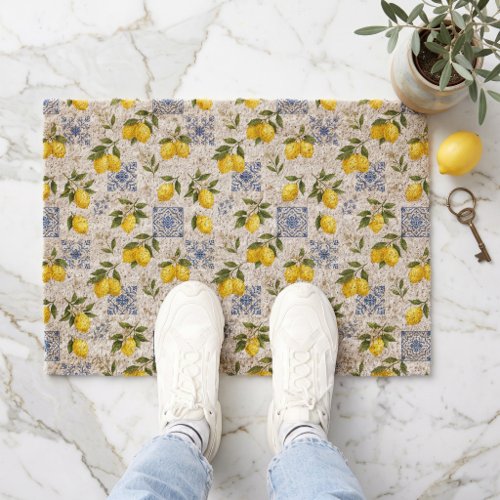 Yellow Blue Lemon French Country Tile Pattern  Fiber Doormat