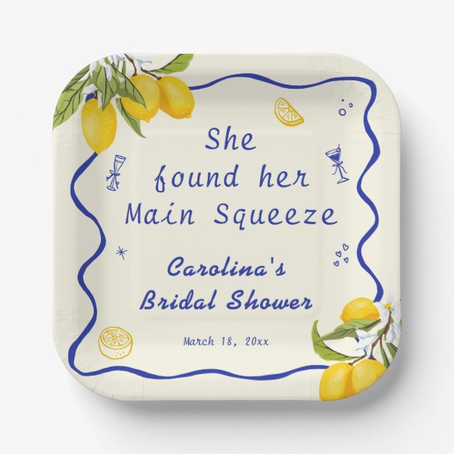 Yellow Blue Lemon Main Squeeze Bridal Shower Paper Plates (Front)