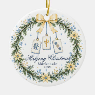 Yellow & Blue Mahjong Tile Wreath Christmas Ceramic Ornament