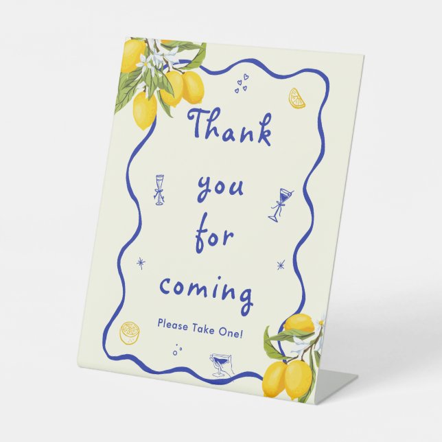 Yellow Blue Main Squeeze Bridal Shower Favor Pedestal Sign (Front)
