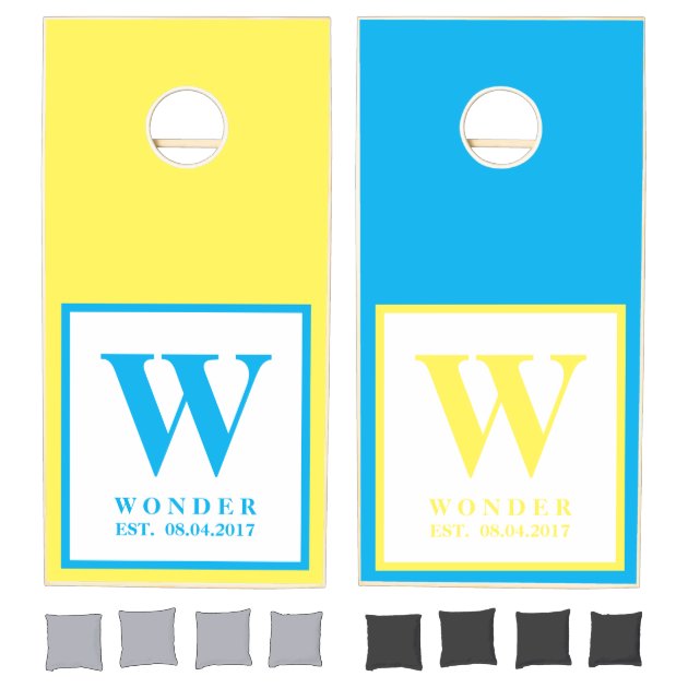 Yellow Blue Minimalist Newly Weds Monogram Wedding Cornhole Set