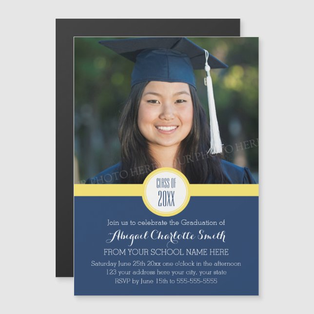 Yellow Blue Modern Graduation Party Magnetic Card (Front/Back)