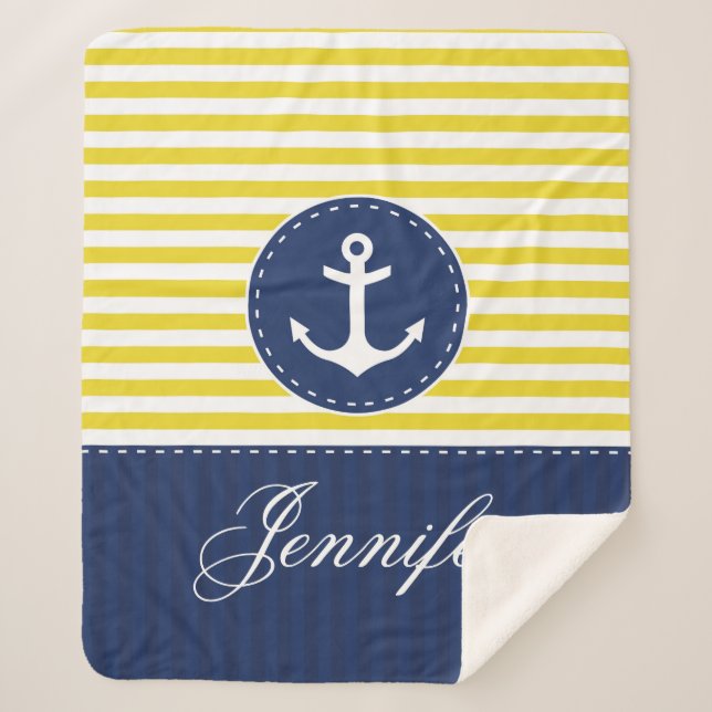 Yellow Blue Nautical Anchor Design Custom Name Sherpa Blanket (Front)