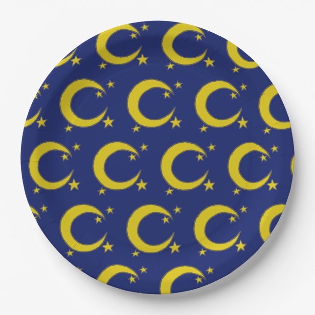 Yellow Blue Night Sky Crescent Moon Stars Evening Paper Plates (Front)