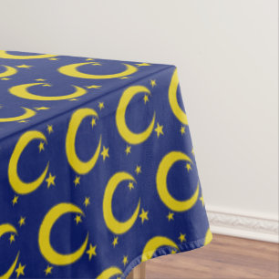Yellow Blue Night Sky Crescent Moon Stars Evening Tablecloth