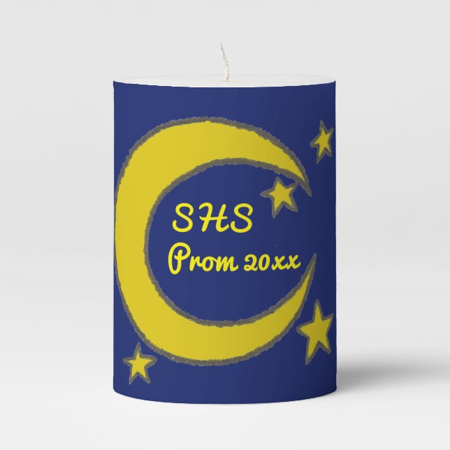 Yellow Blue Night Sky Moon Stars Centerpiece Pillar Candle (Front)