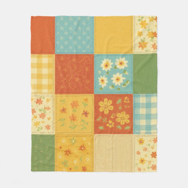 Yellow Blue Patchwork Quilt Rustic Farmhouse Flora Fleece Blanket (Front)