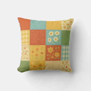Yellow Blue Patchwork Quilt Rustic Farmhouse Throw Pillow