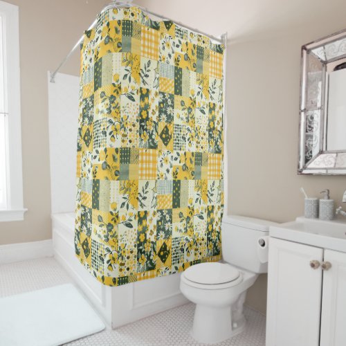 Yellow Blue Patchwork Quilt Rustic Floral Retro  Shower Curtain