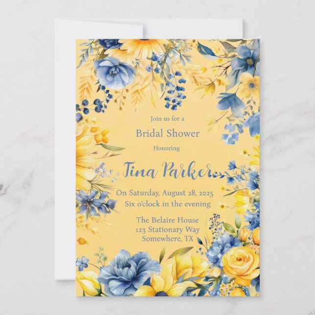 Yellow Blue Peony Watercolor Bridal Shower Invitation (Front)