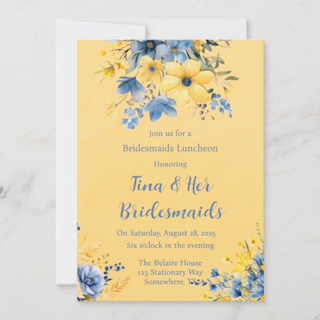 Yellow Blue Peony Watercolor Bridesmaids Luncheon Invitation (Front)